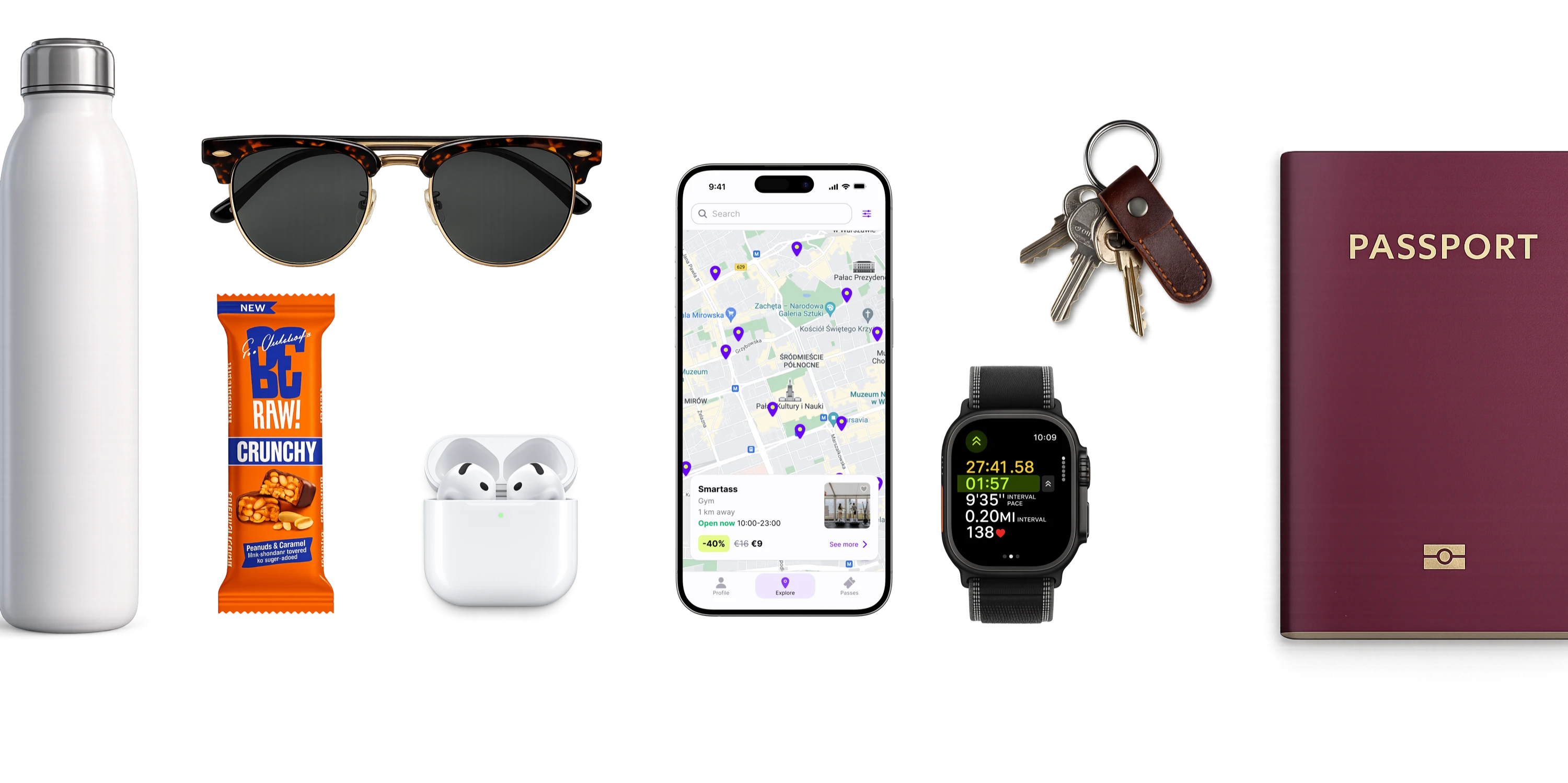 Essentials you take on the road — water bottle, sunglasses, snack, AirPods, phone with Fitual, watch, keys, passport